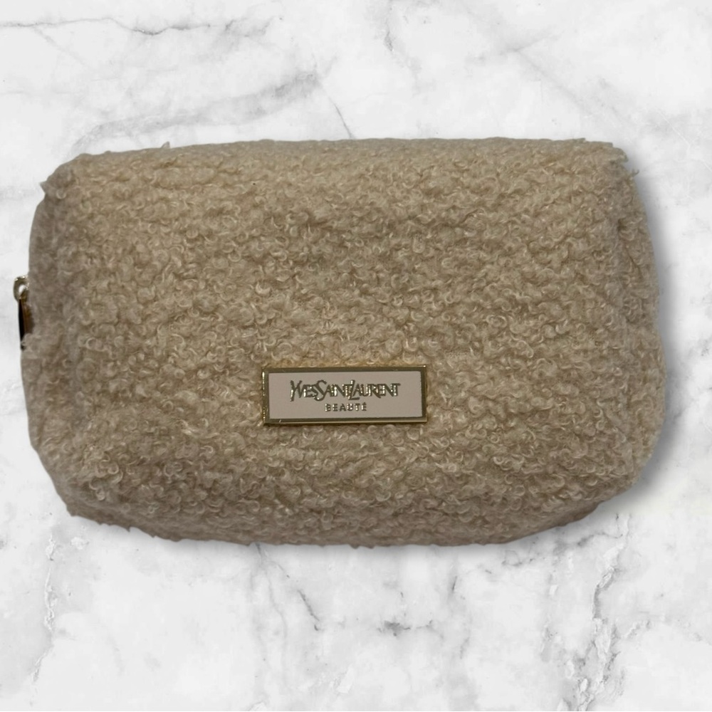 Yves Saint Laurent Cosmetic Lipstick Bag YSL Beige Shearling Makeup Pouch